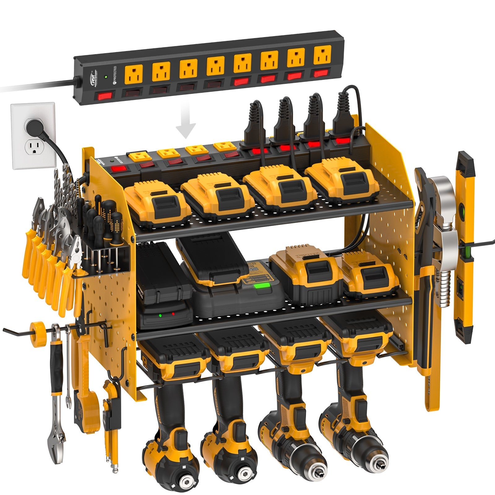 3 Layers Power Tools Organizer Wall Mount with Charging Station, Garage Tool Storage Rack