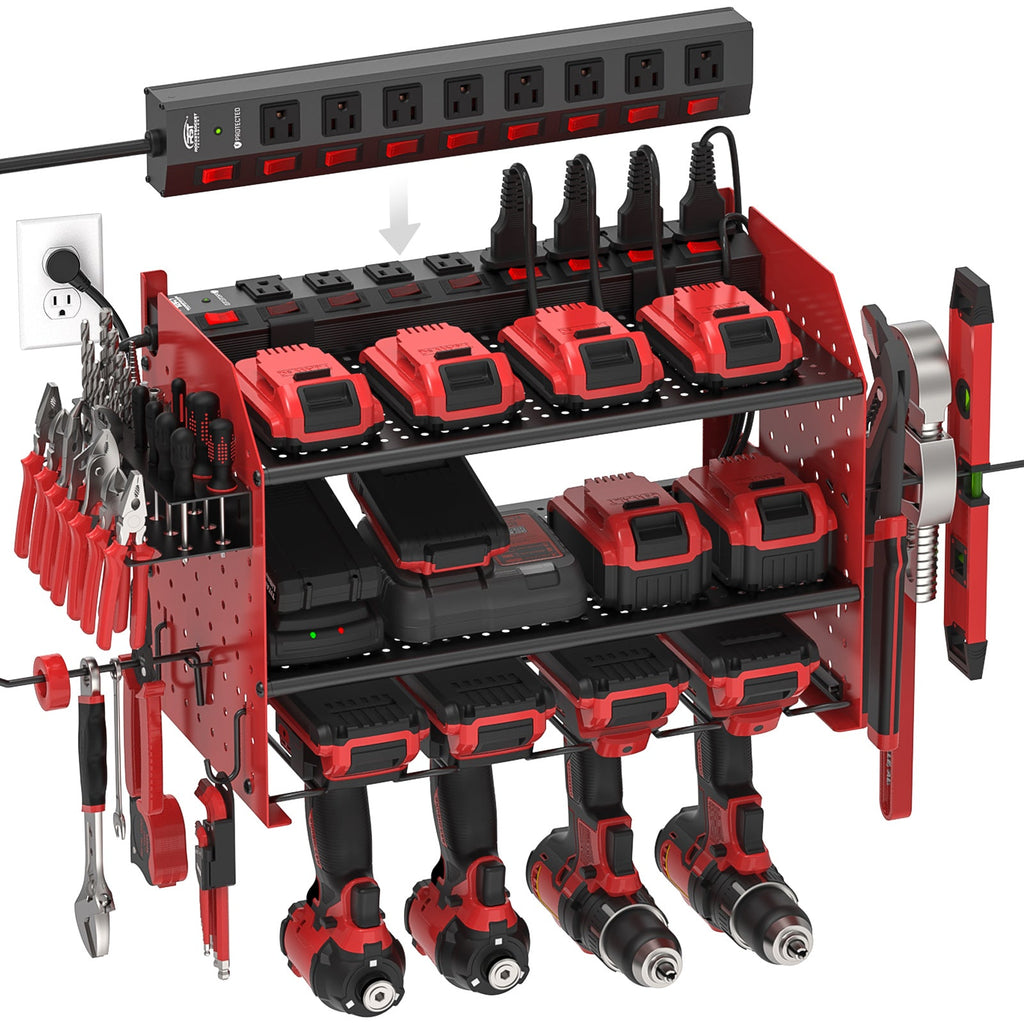 3 Layers Power Tools Organizer Wall Mount with Charging Station, Garage Tool Storage Rack