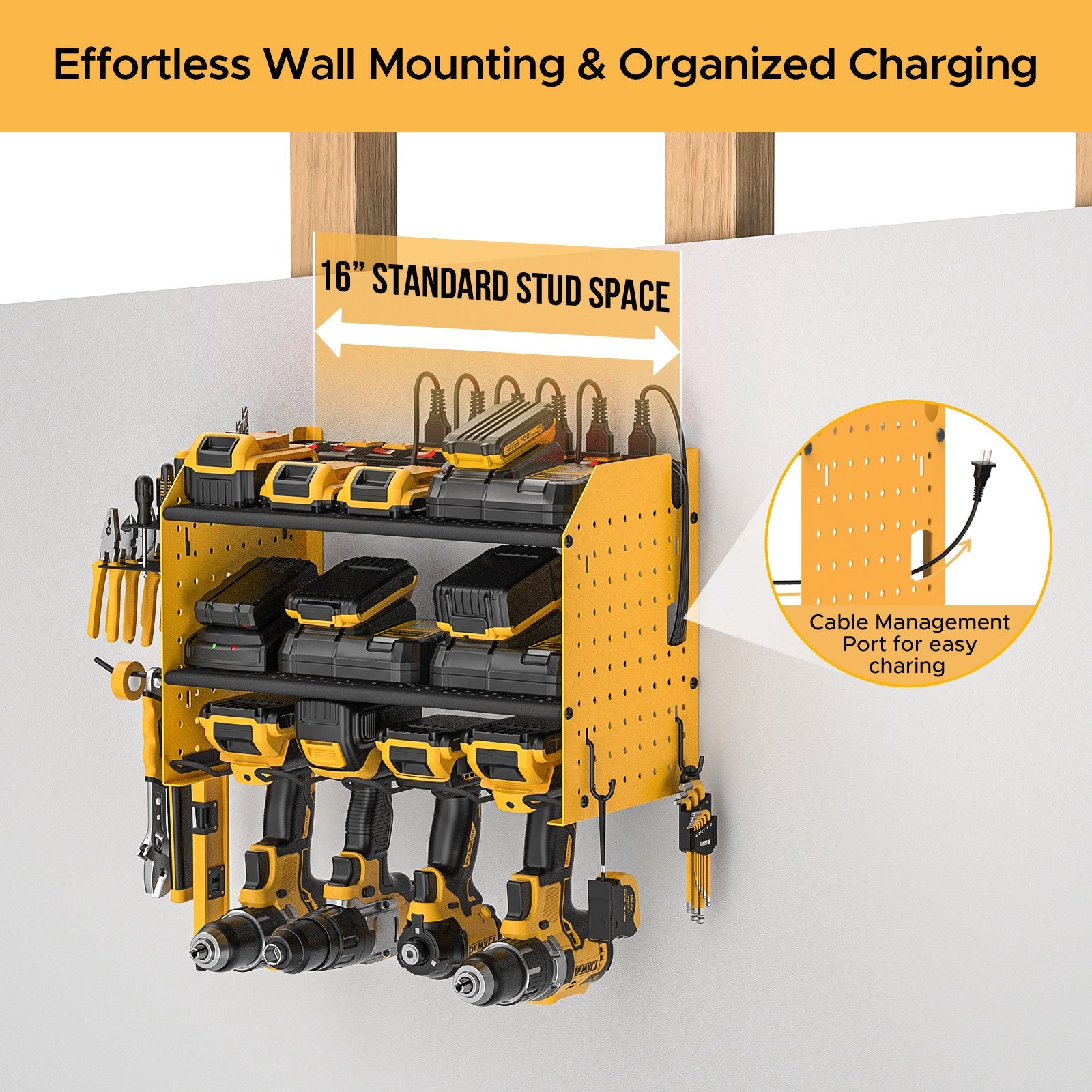3 Layers Power Tools Organizer Wall Mount with Charging Station, Garage Tool Storage Rack